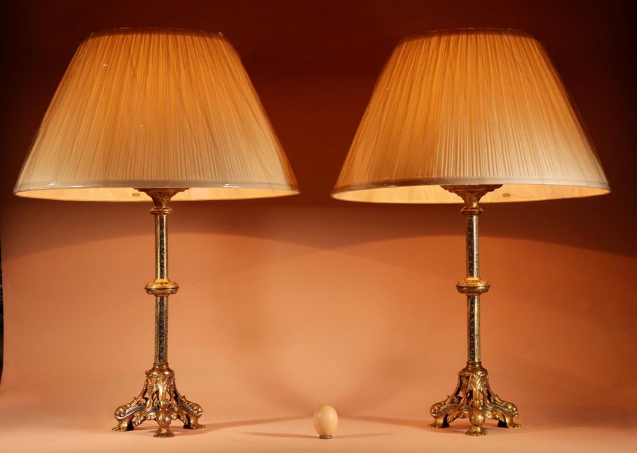 a pair of impressive fine cast brass table lamps, in the early gothic style